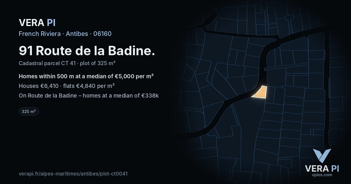 91 Route de la Badine, Antibes at night – the plot lit, the parcels around coloured by the prices near them