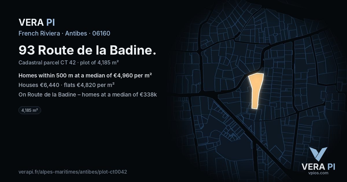 93 Route de la Badine, Antibes at night – the plot lit, the parcels around coloured by the prices near them