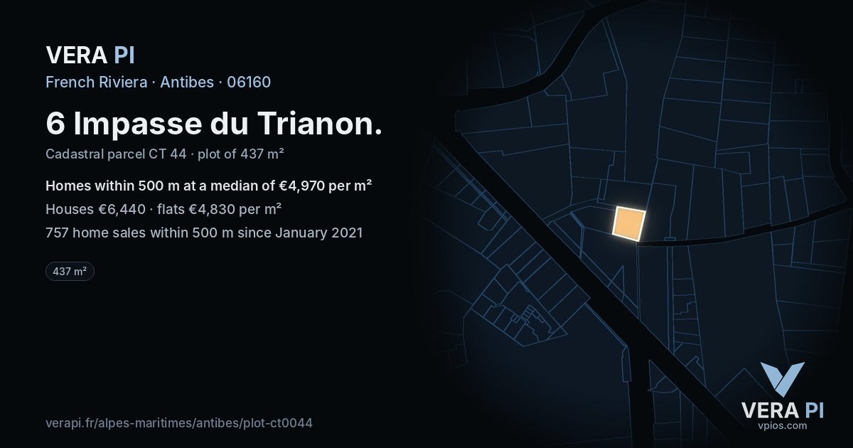 6 Impasse du Trianon, Antibes at night – the plot lit, the parcels around coloured by the prices near them