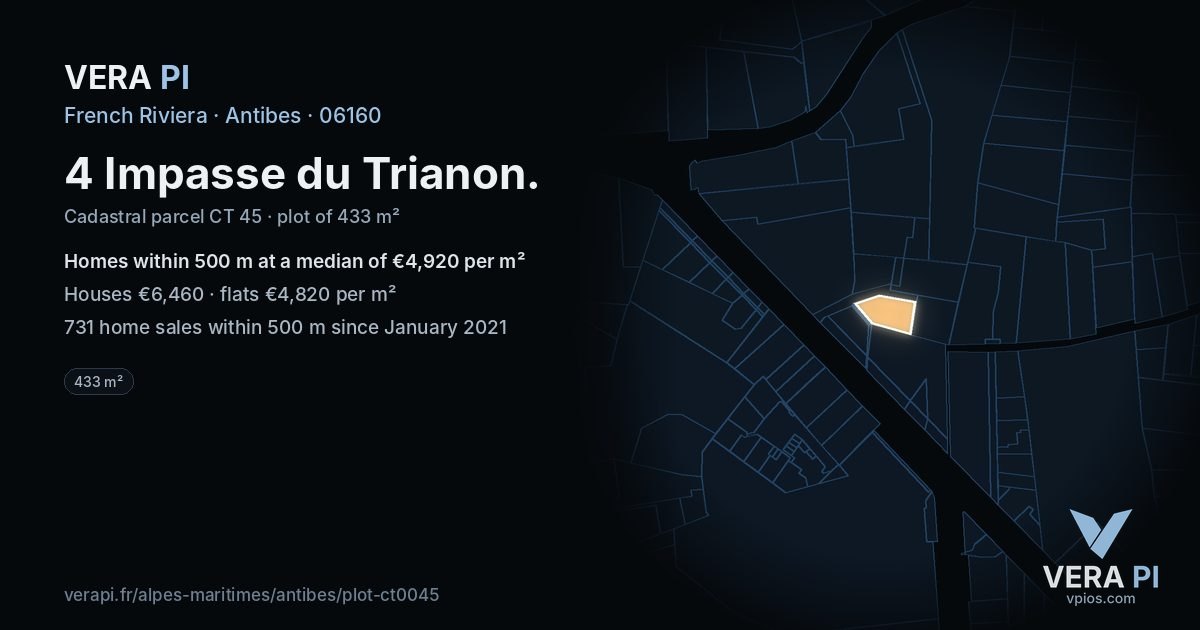 4 Impasse du Trianon, Antibes at night – the plot lit, the parcels around coloured by the prices near them