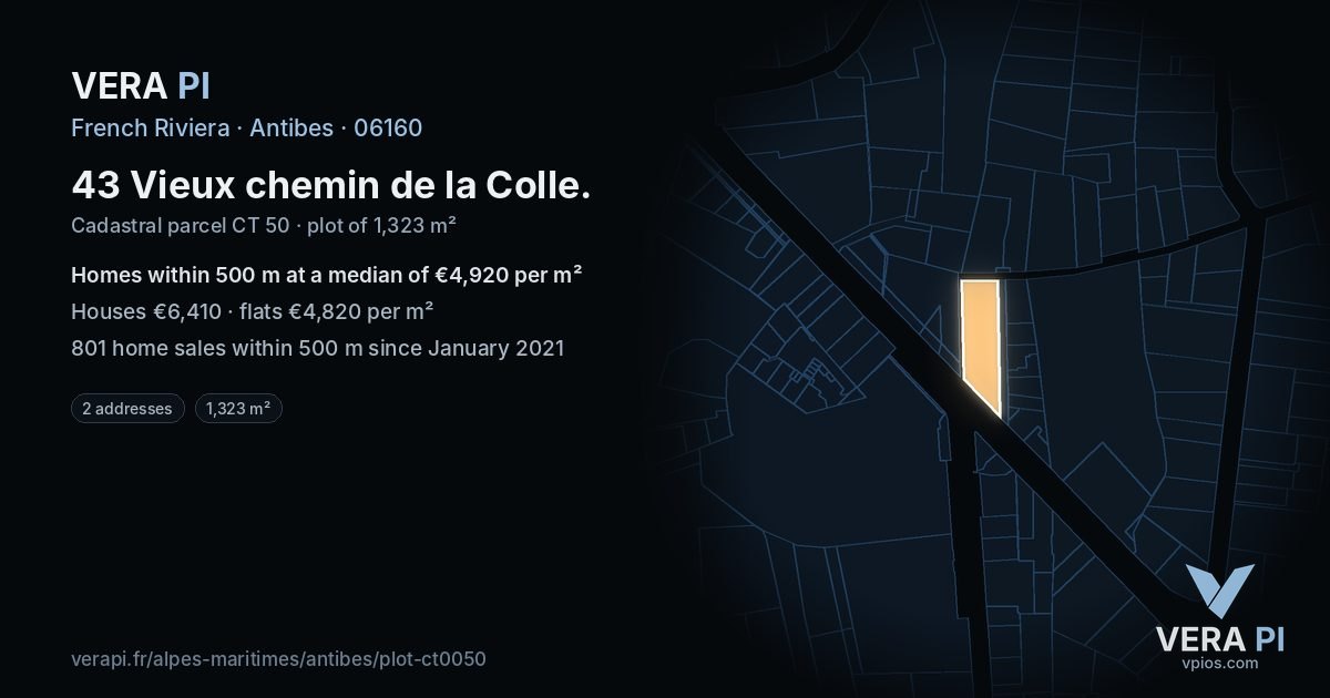 43 Vieux chemin de la Colle, Antibes at night – the plot lit, the parcels around coloured by the prices near them