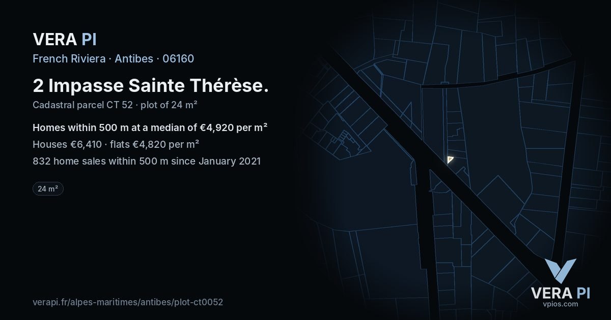 2 Impasse Sainte Thérèse, Antibes at night – the plot lit, the parcels around coloured by the prices near them