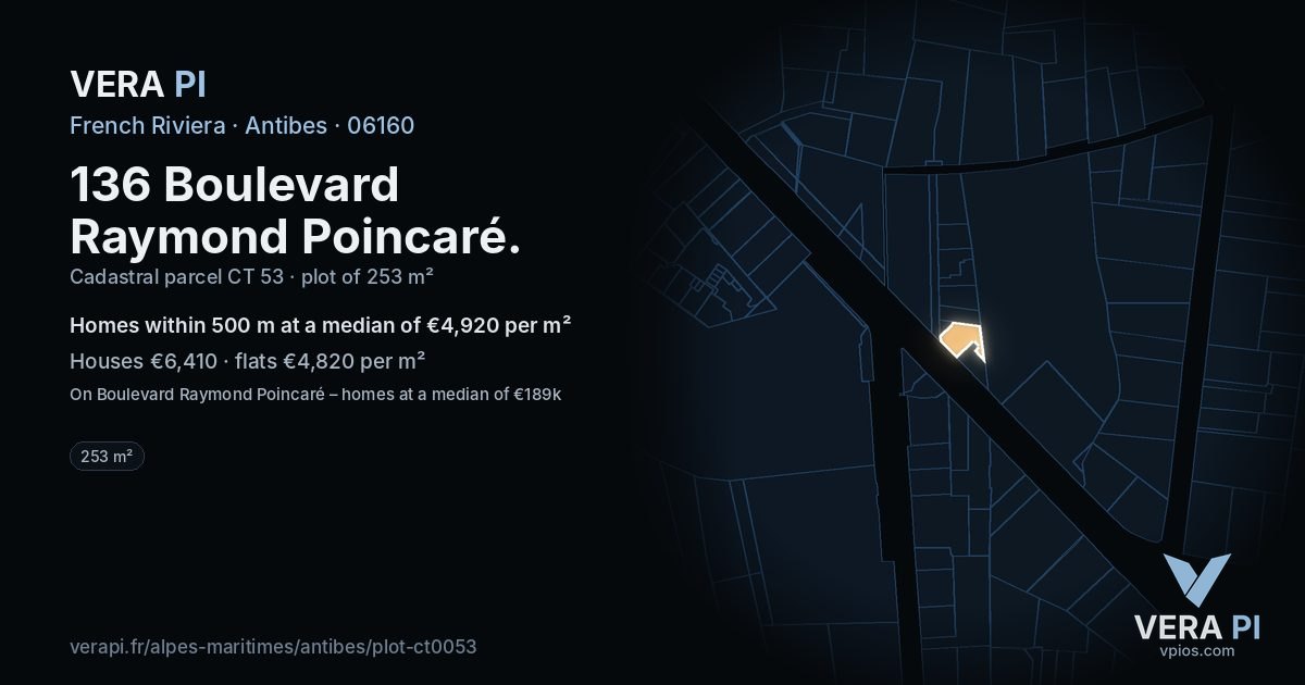 136 Boulevard Raymond Poincaré, Antibes at night – the plot lit, the parcels around coloured by the prices near them