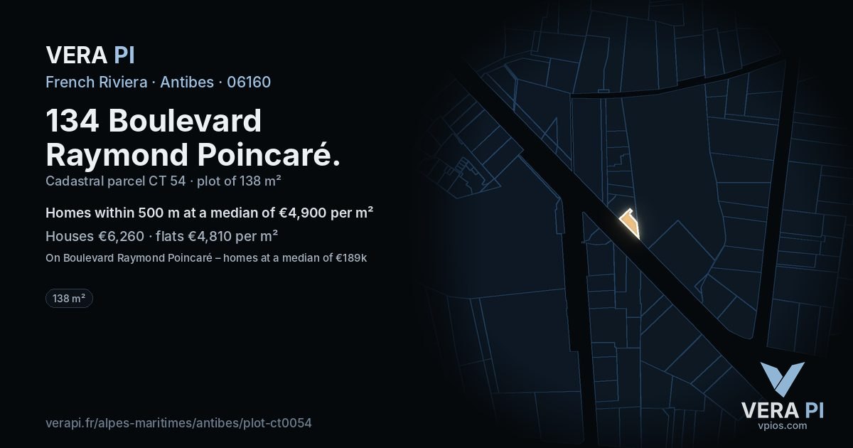 134 Boulevard Raymond Poincaré, Antibes at night – the plot lit, the parcels around coloured by the prices near them