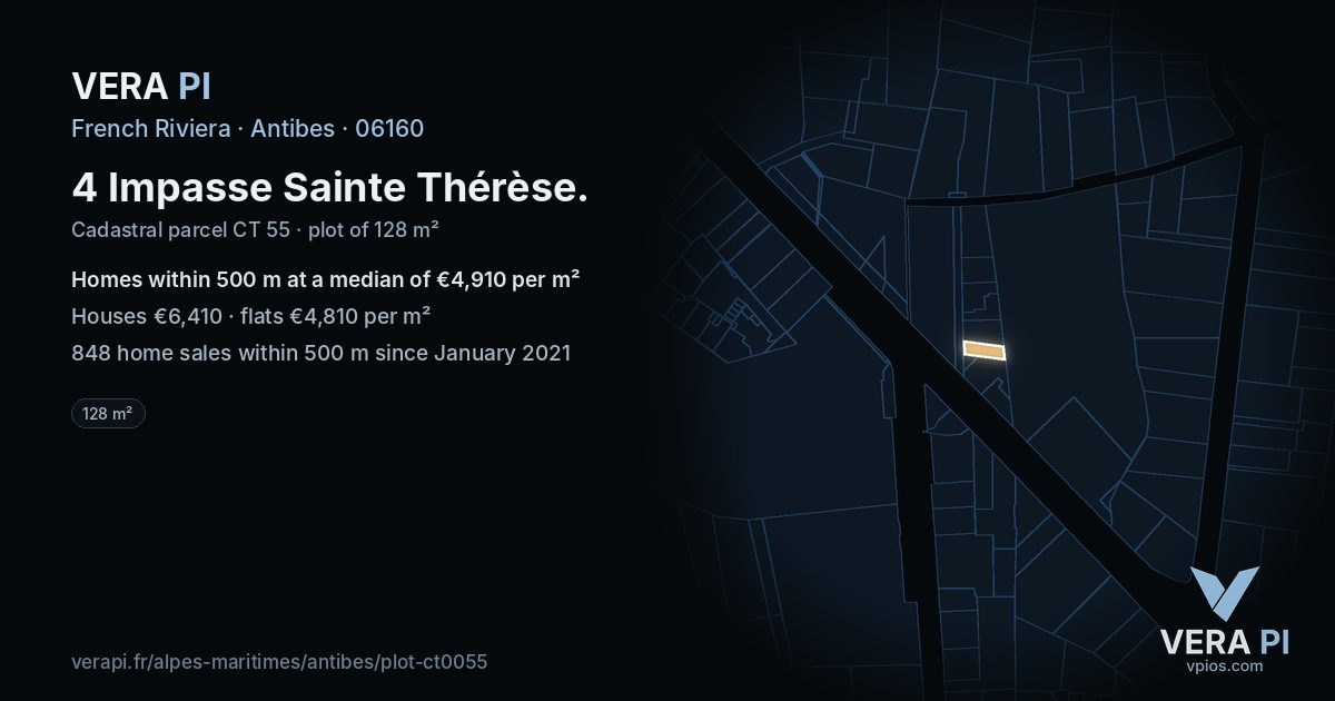 4 Impasse Sainte Thérèse, Antibes at night – the plot lit, the parcels around coloured by the prices near them