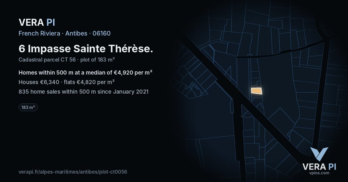 6 Impasse Sainte Thérèse, Antibes at night – the plot lit, the parcels around coloured by the prices near them