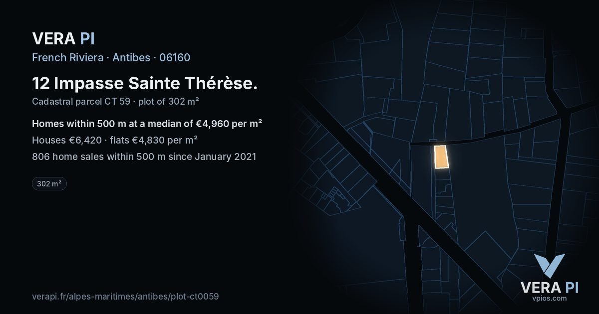 12 Impasse Sainte Thérèse, Antibes at night – the plot lit, the parcels around coloured by the prices near them