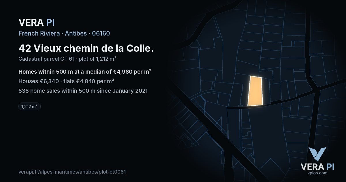 42 Vieux chemin de la Colle, Antibes at night – the plot lit, the parcels around coloured by the prices near them
