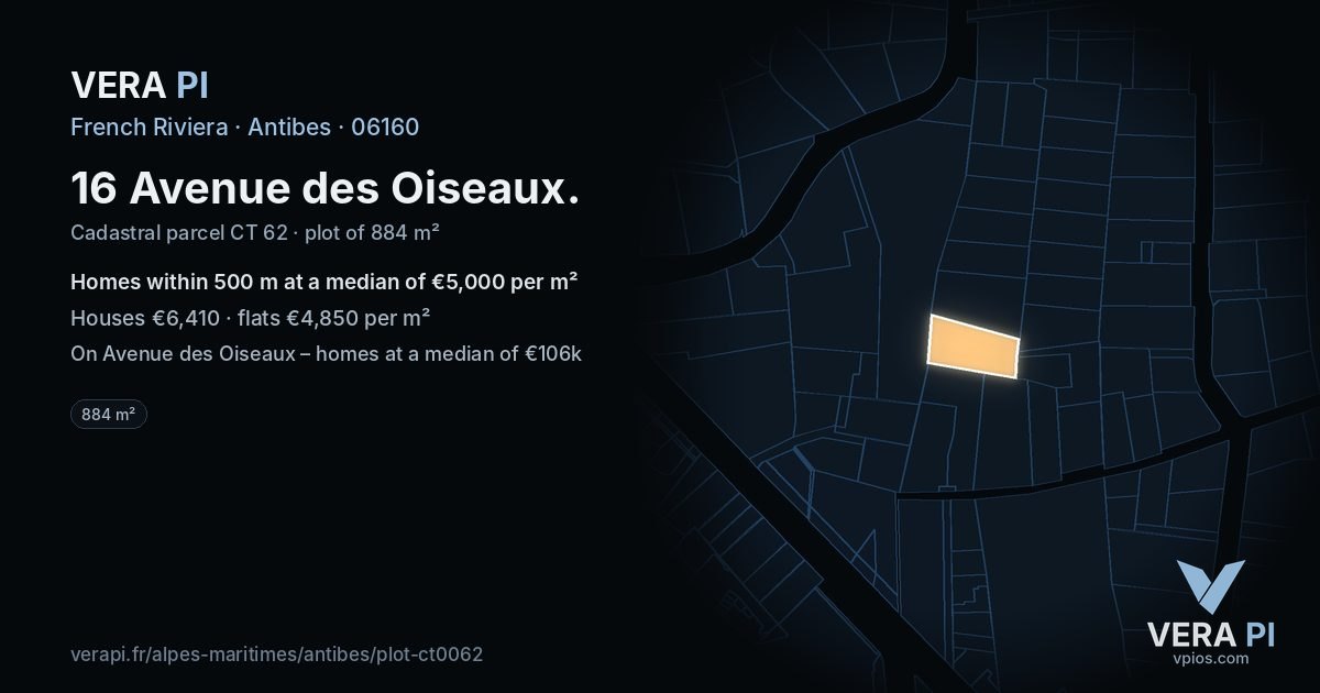16 Avenue des Oiseaux, Antibes at night – the plot lit, the parcels around coloured by the prices near them
