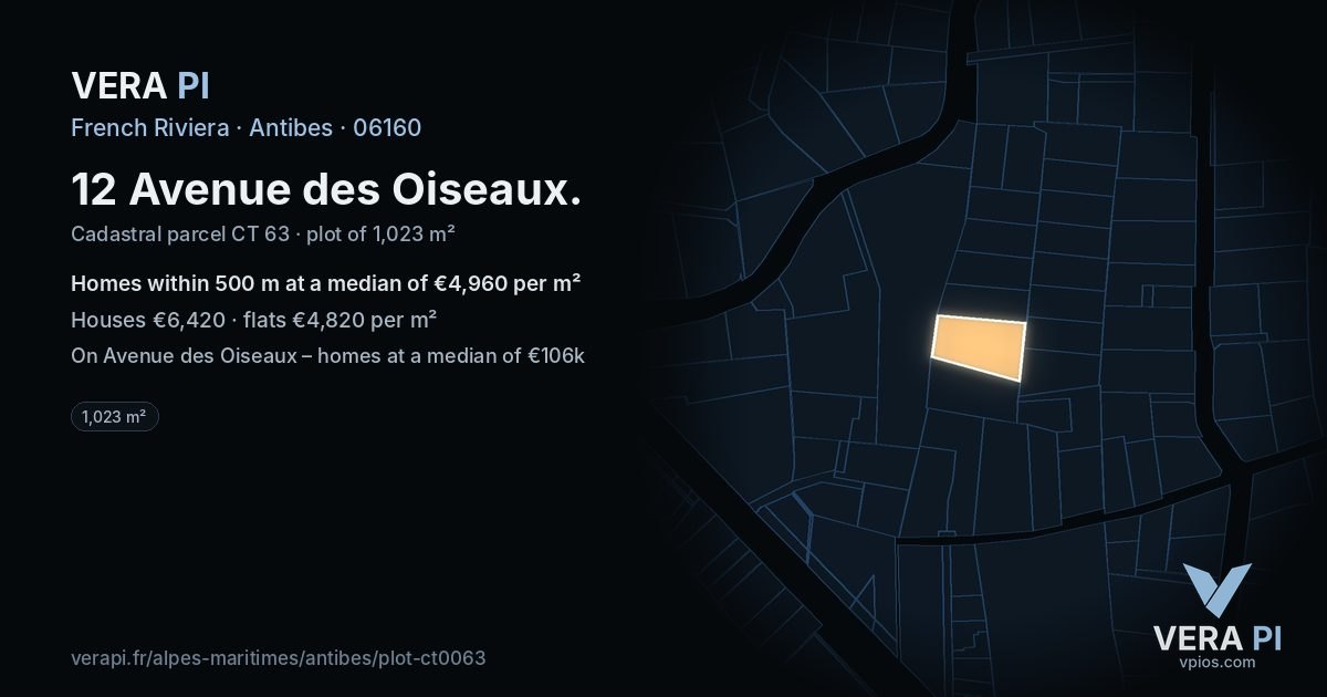 12 Avenue des Oiseaux, Antibes at night – the plot lit, the parcels around coloured by the prices near them