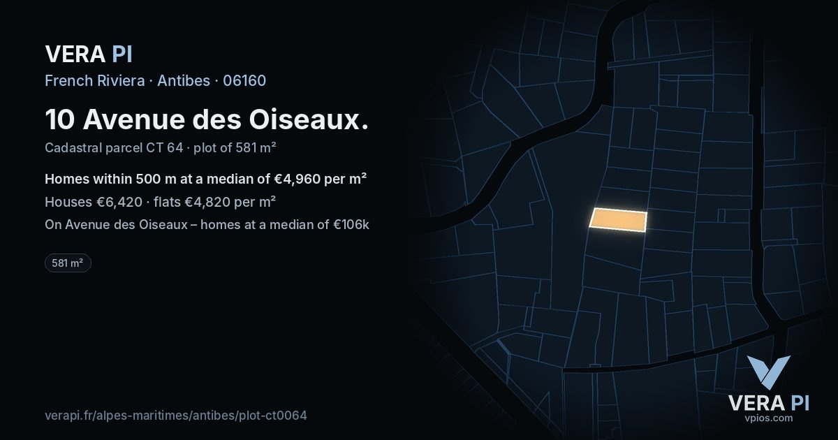 10 Avenue des Oiseaux, Antibes at night – the plot lit, the parcels around coloured by the prices near them