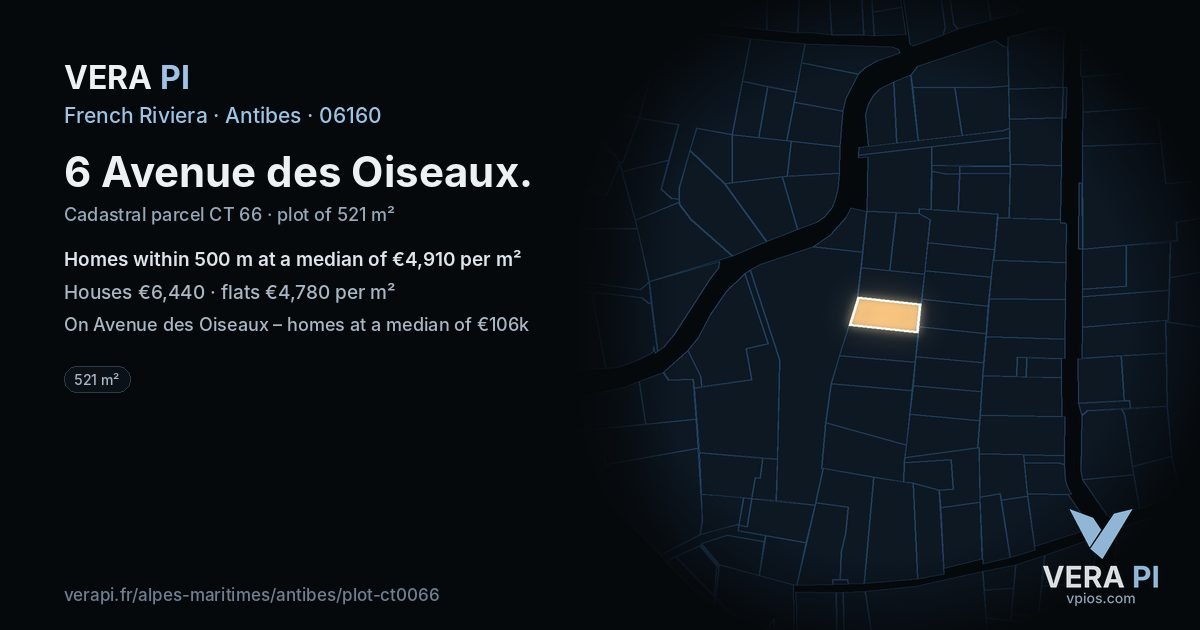 6 Avenue des Oiseaux, Antibes at night – the plot lit, the parcels around coloured by the prices near them
