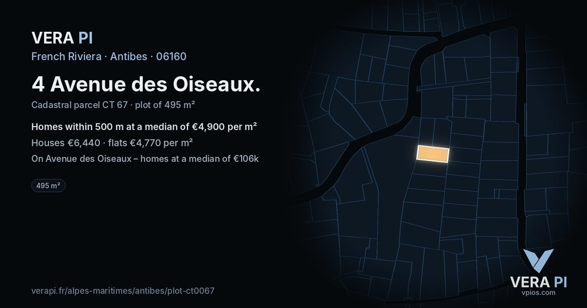 4 Avenue des Oiseaux, Antibes at night – the plot lit, the parcels around coloured by the prices near them
