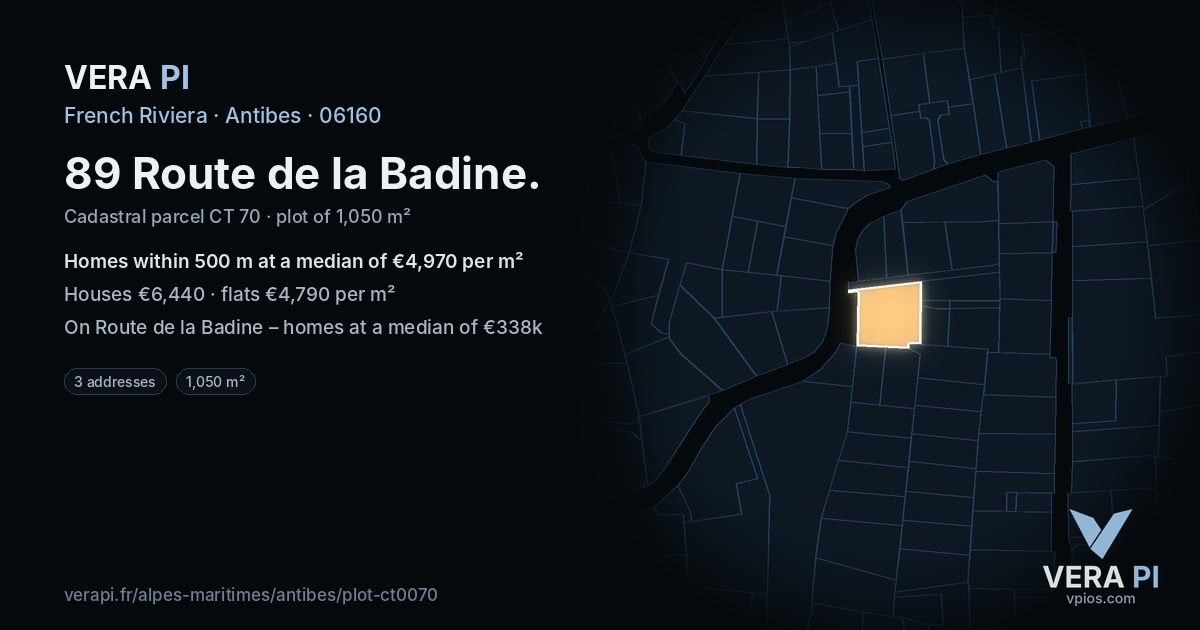 89 Route de la Badine, Antibes at night – the plot lit, the parcels around coloured by the prices near them