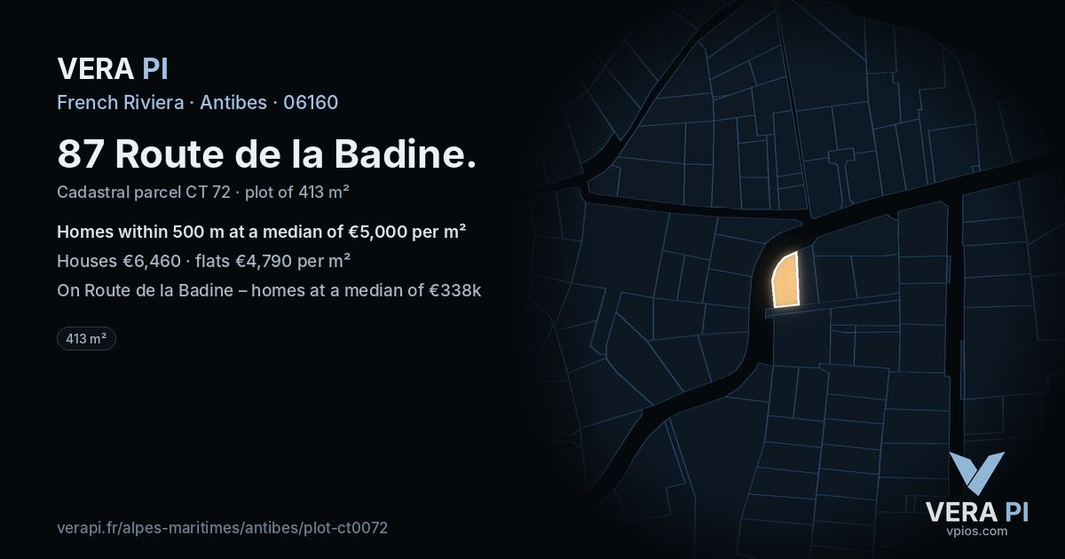 87 Route de la Badine, Antibes at night – the plot lit, the parcels around coloured by the prices near them