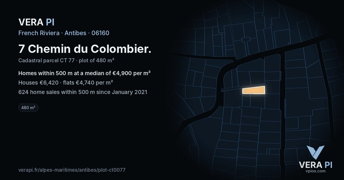 7 Chemin du Colombier, Antibes at night – the plot lit, the parcels around coloured by the prices near them