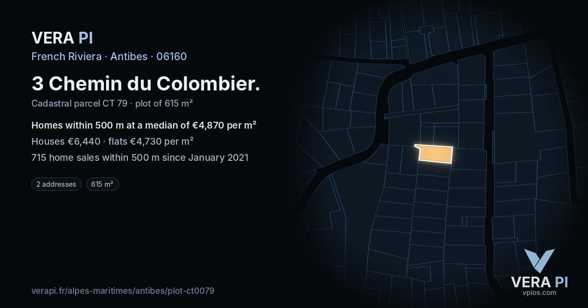 3 Chemin du Colombier, Antibes at night – the plot lit, the parcels around coloured by the prices near them