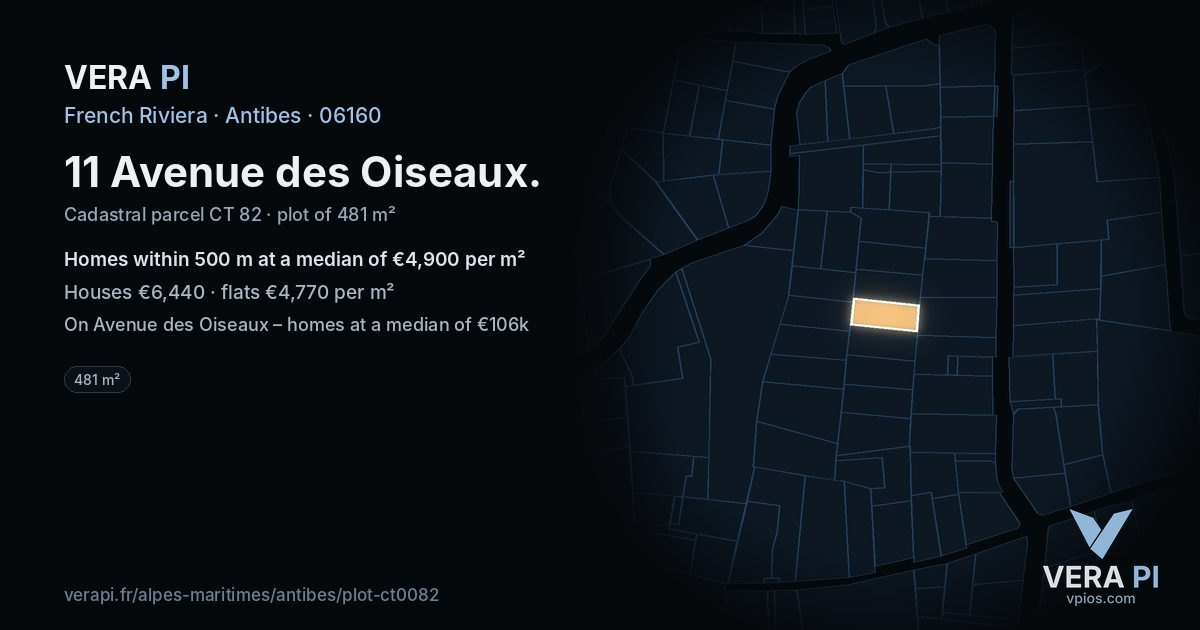 11 Avenue des Oiseaux, Antibes at night – the plot lit, the parcels around coloured by the prices near them