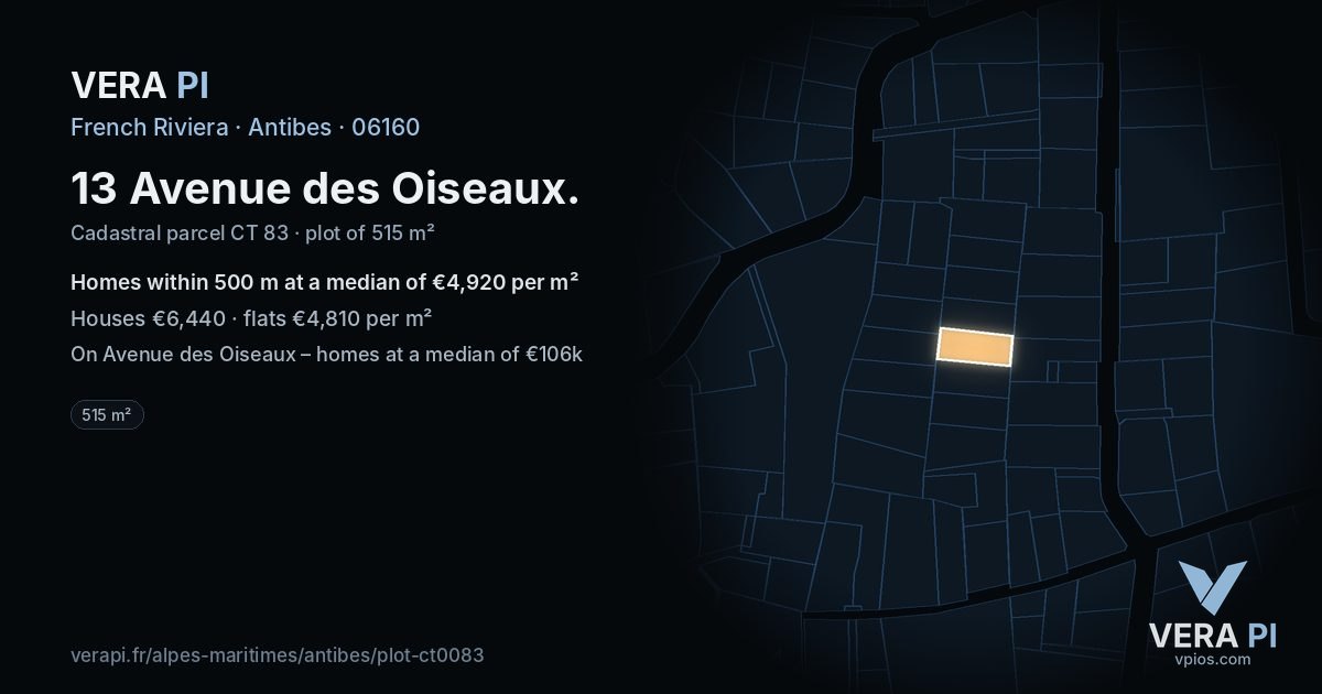 13 Avenue des Oiseaux, Antibes at night – the plot lit, the parcels around coloured by the prices near them