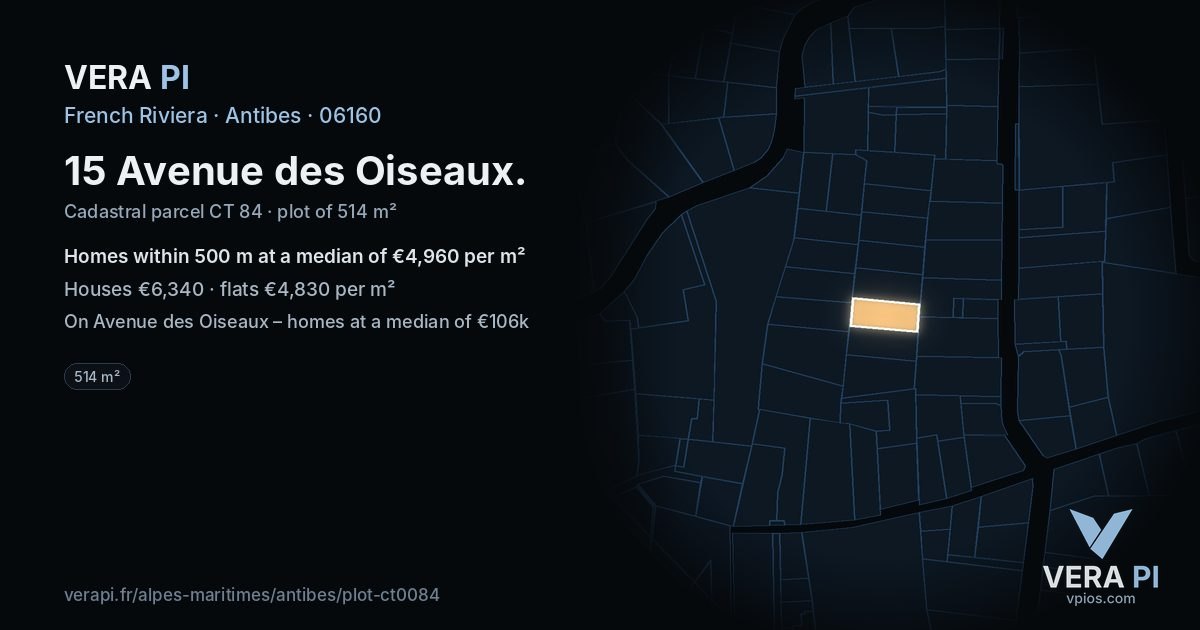 15 Avenue des Oiseaux, Antibes at night – the plot lit, the parcels around coloured by the prices near them