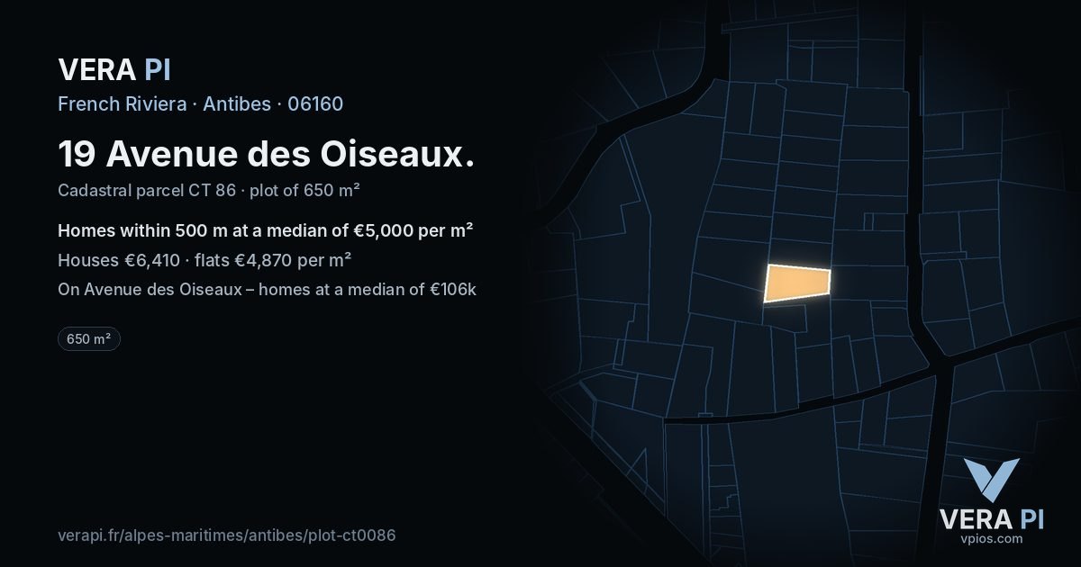 19 Avenue des Oiseaux, Antibes at night – the plot lit, the parcels around coloured by the prices near them