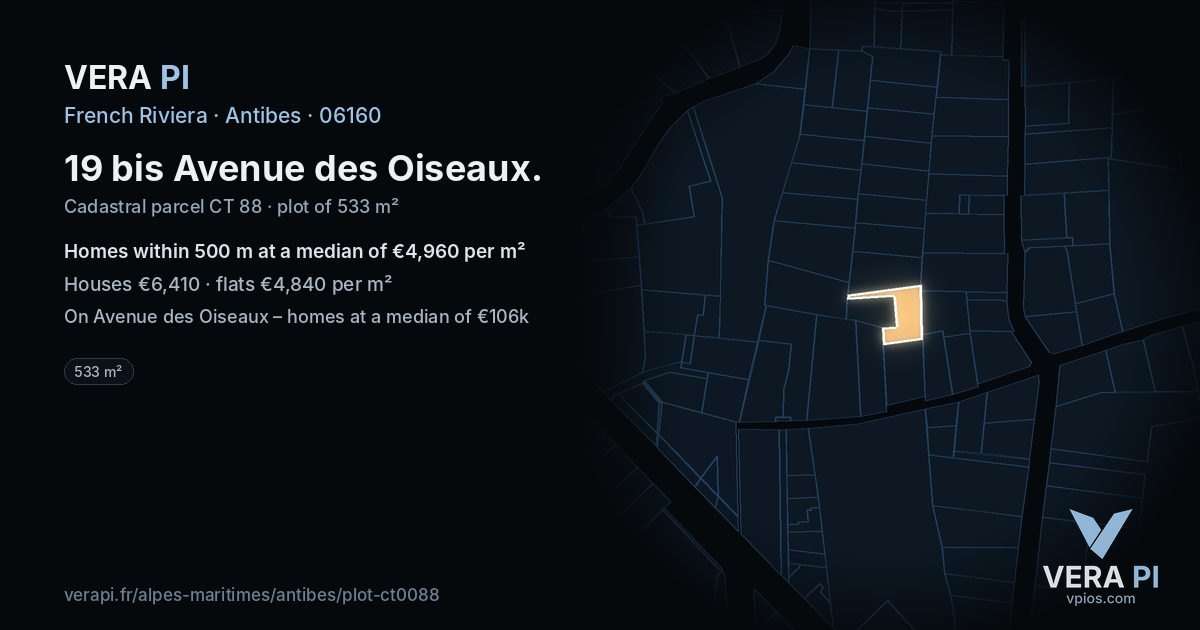 19 bis Avenue des Oiseaux, Antibes at night – the plot lit, the parcels around coloured by the prices near them