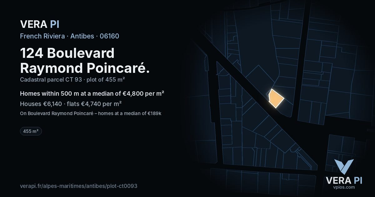 124 Boulevard Raymond Poincaré, Antibes at night – the plot lit, the parcels around coloured by the prices near them