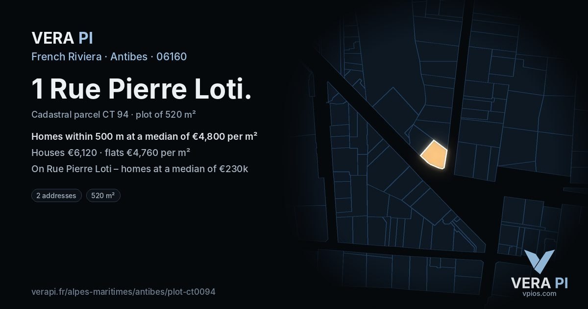 1 Rue Pierre Loti, Antibes at night – the plot lit, the parcels around coloured by the prices near them