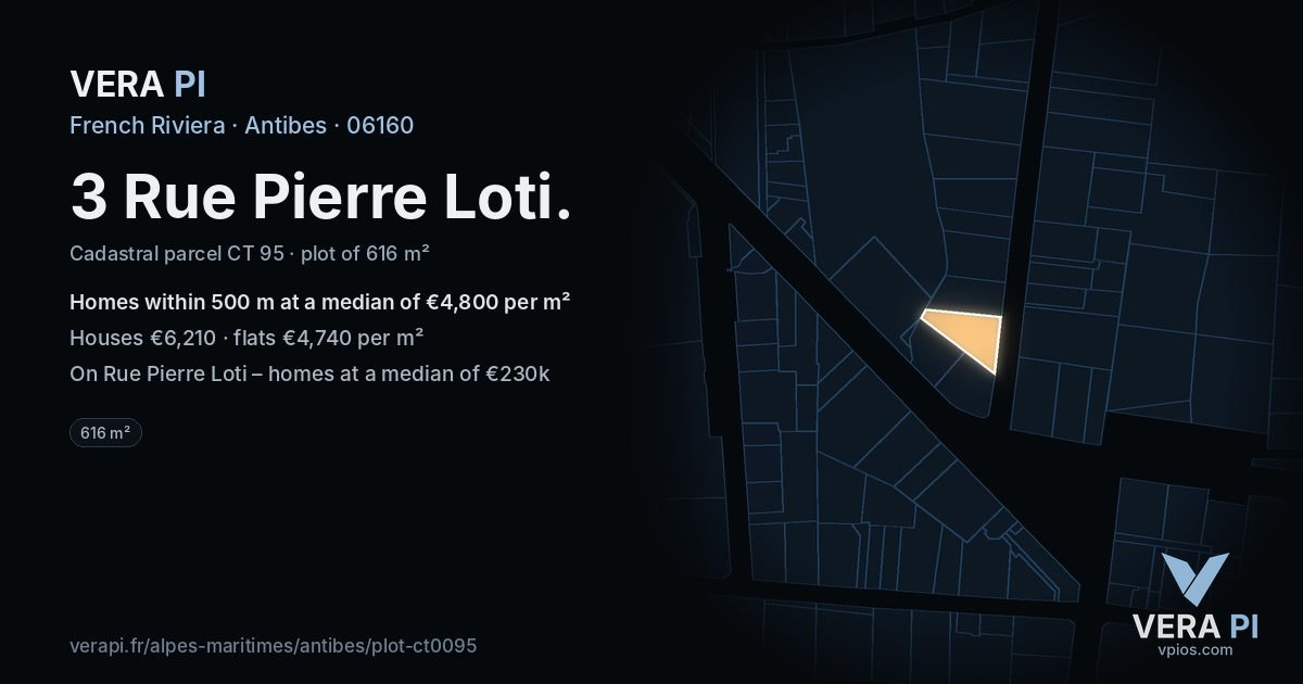 3 Rue Pierre Loti, Antibes at night – the plot lit, the parcels around coloured by the prices near them