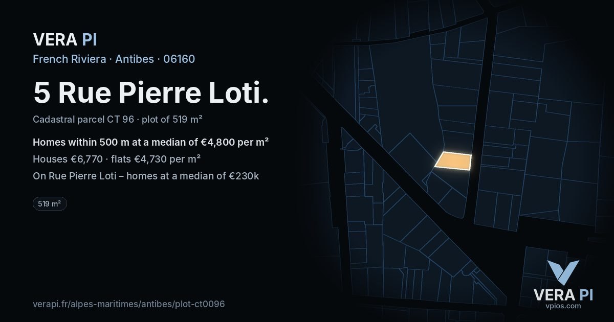 5 Rue Pierre Loti, Antibes at night – the plot lit, the parcels around coloured by the prices near them