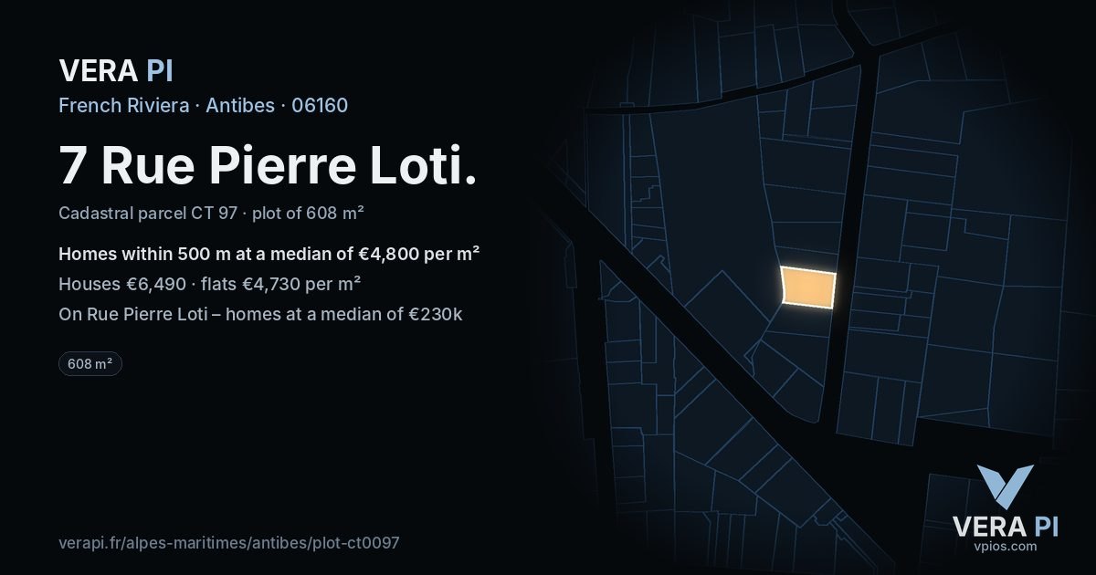 7 Rue Pierre Loti, Antibes at night – the plot lit, the parcels around coloured by the prices near them