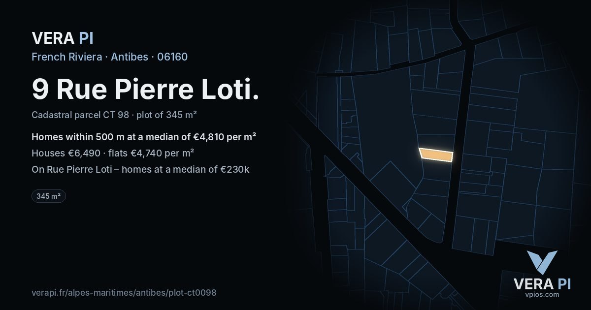 9 Rue Pierre Loti, Antibes at night – the plot lit, the parcels around coloured by the prices near them