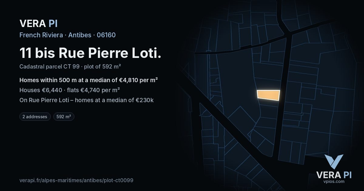 11 bis Rue Pierre Loti, Antibes at night – the plot lit, the parcels around coloured by the prices near them