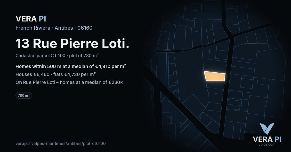 13 Rue Pierre Loti, Antibes at night – the plot lit, the parcels around coloured by the prices near them