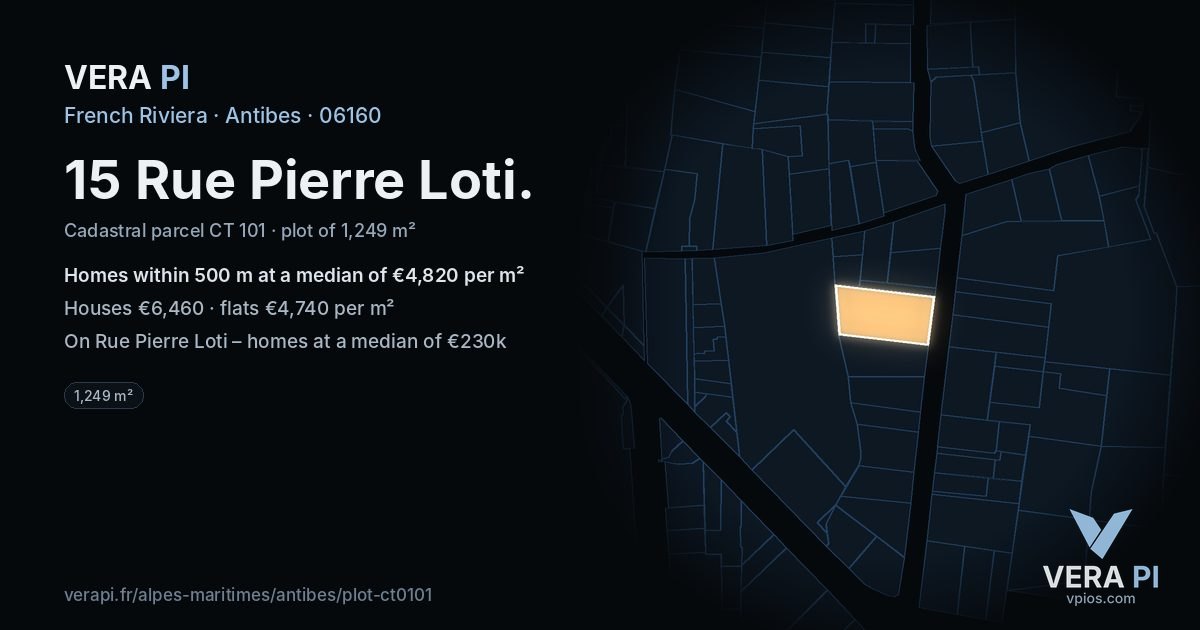 15 Rue Pierre Loti, Antibes at night – the plot lit, the parcels around coloured by the prices near them