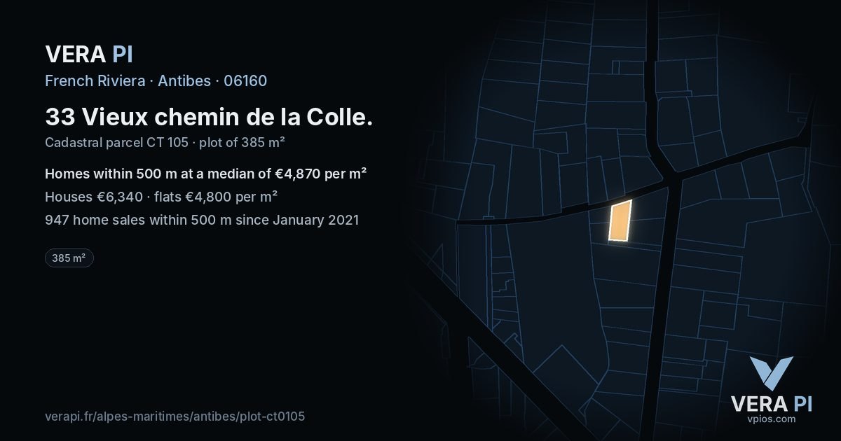 33 Vieux chemin de la Colle, Antibes at night – the plot lit, the parcels around coloured by the prices near them