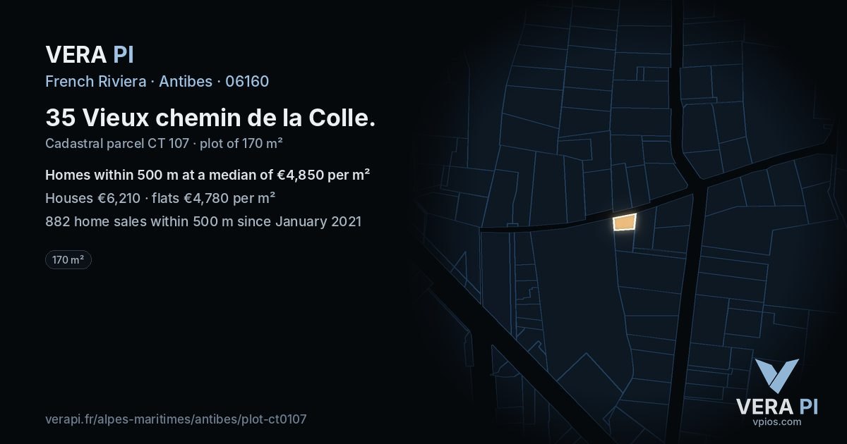 35 Vieux chemin de la Colle, Antibes at night – the plot lit, the parcels around coloured by the prices near them