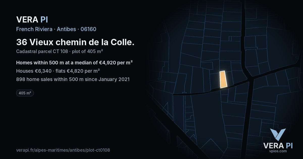 36 Vieux chemin de la Colle, Antibes at night – the plot lit, the parcels around coloured by the prices near them
