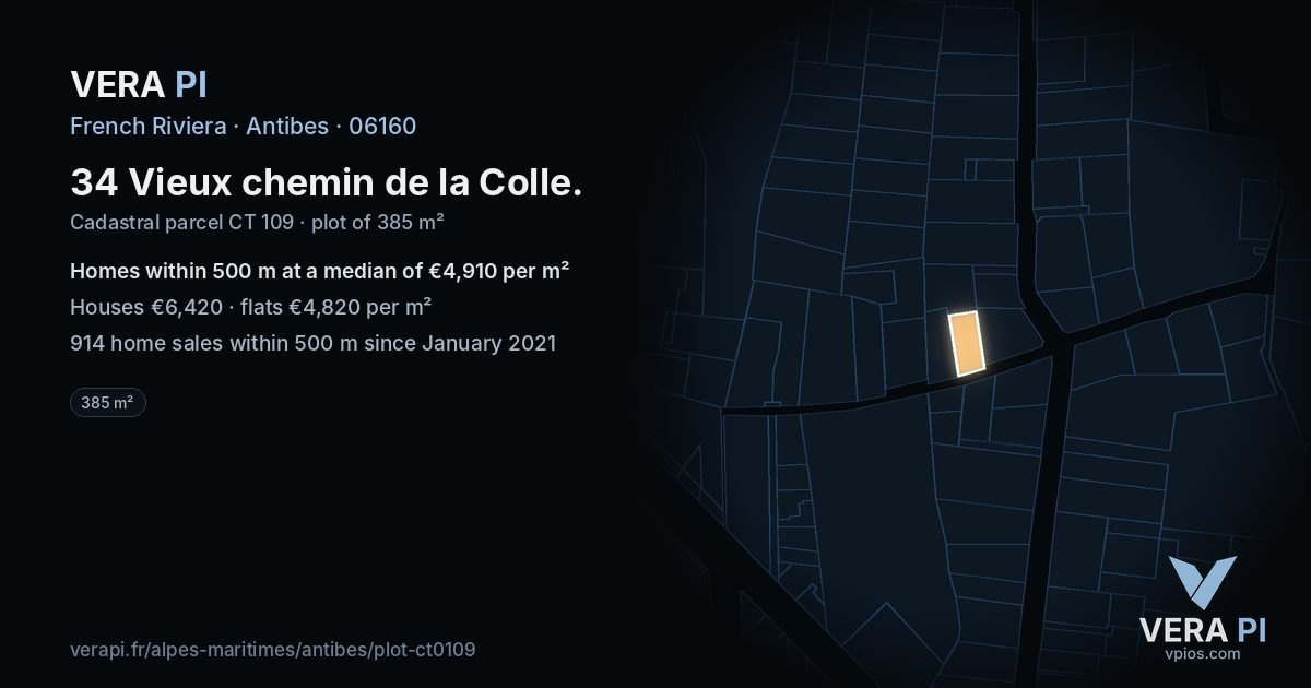 34 Vieux chemin de la Colle, Antibes at night – the plot lit, the parcels around coloured by the prices near them