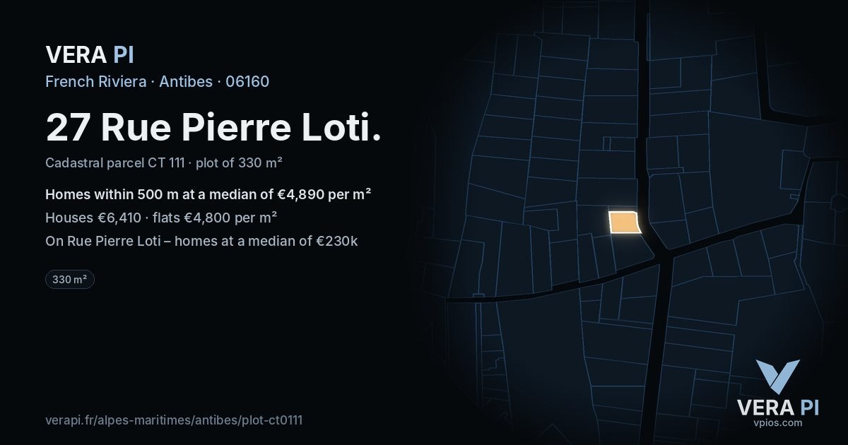 27 Rue Pierre Loti, Antibes at night – the plot lit, the parcels around coloured by the prices near them