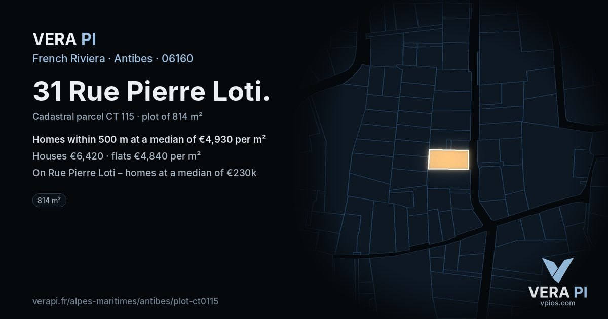 31 Rue Pierre Loti, Antibes at night – the plot lit, the parcels around coloured by the prices near them