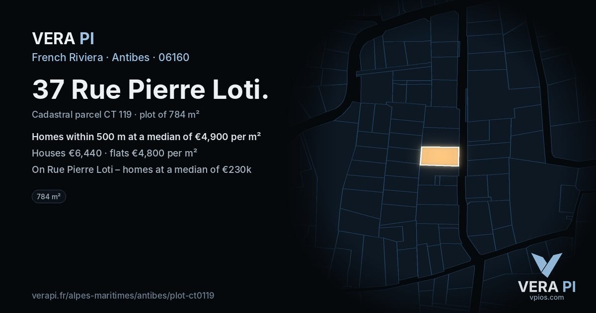 37 Rue Pierre Loti, Antibes at night – the plot lit, the parcels around coloured by the prices near them
