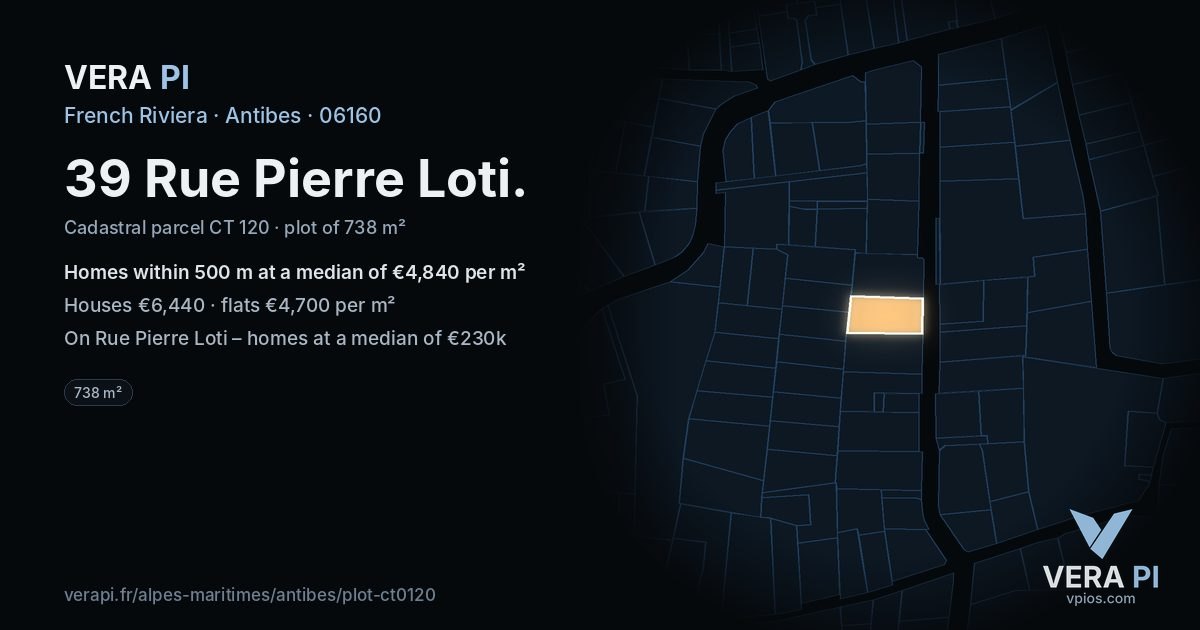 39 Rue Pierre Loti, Antibes at night – the plot lit, the parcels around coloured by the prices near them