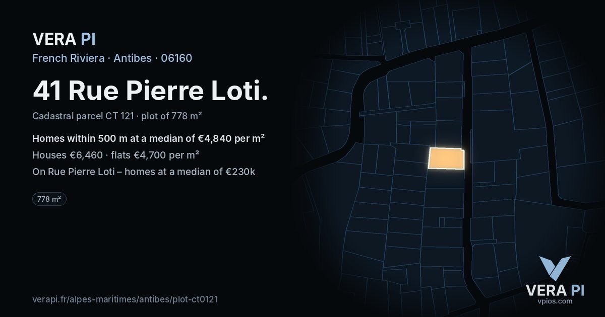 41 Rue Pierre Loti, Antibes at night – the plot lit, the parcels around coloured by the prices near them