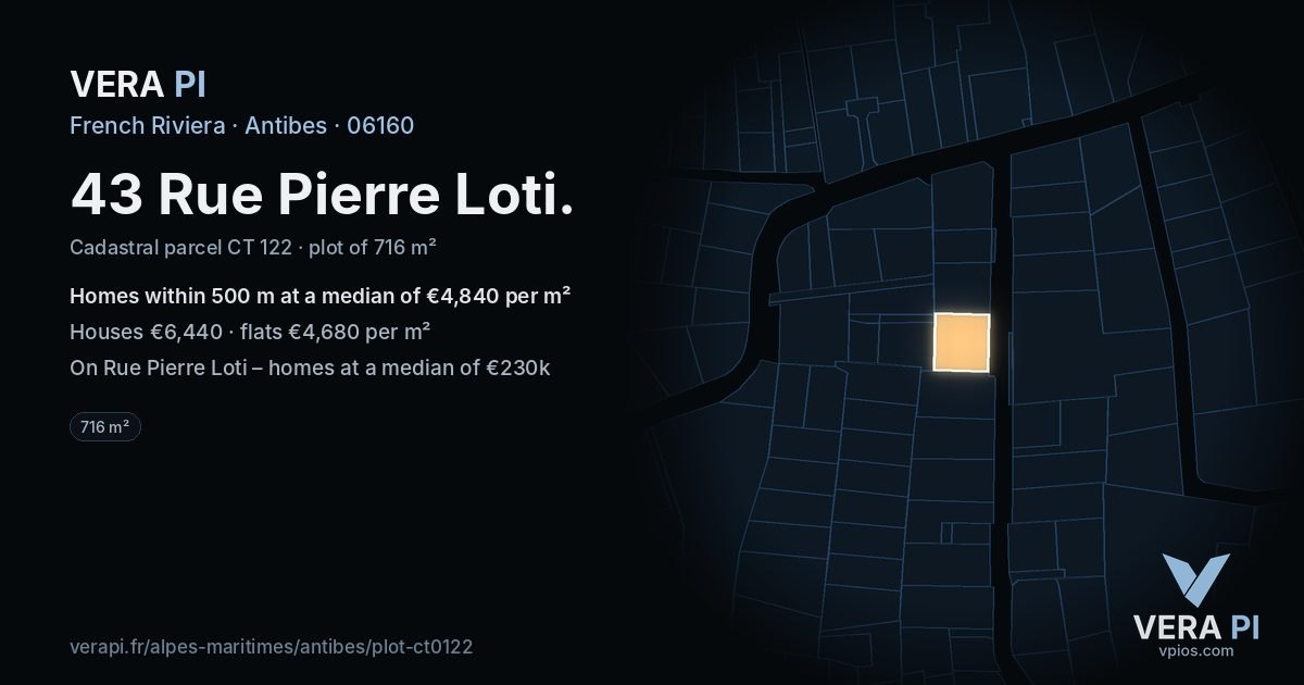 43 Rue Pierre Loti, Antibes at night – the plot lit, the parcels around coloured by the prices near them
