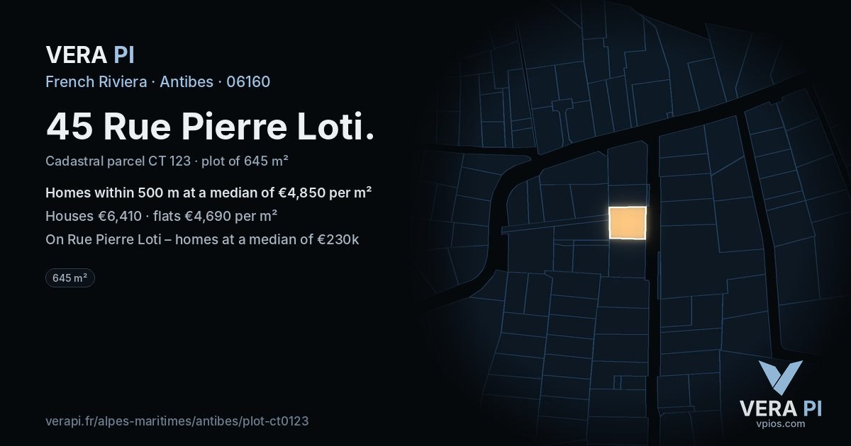 45 Rue Pierre Loti, Antibes at night – the plot lit, the parcels around coloured by the prices near them