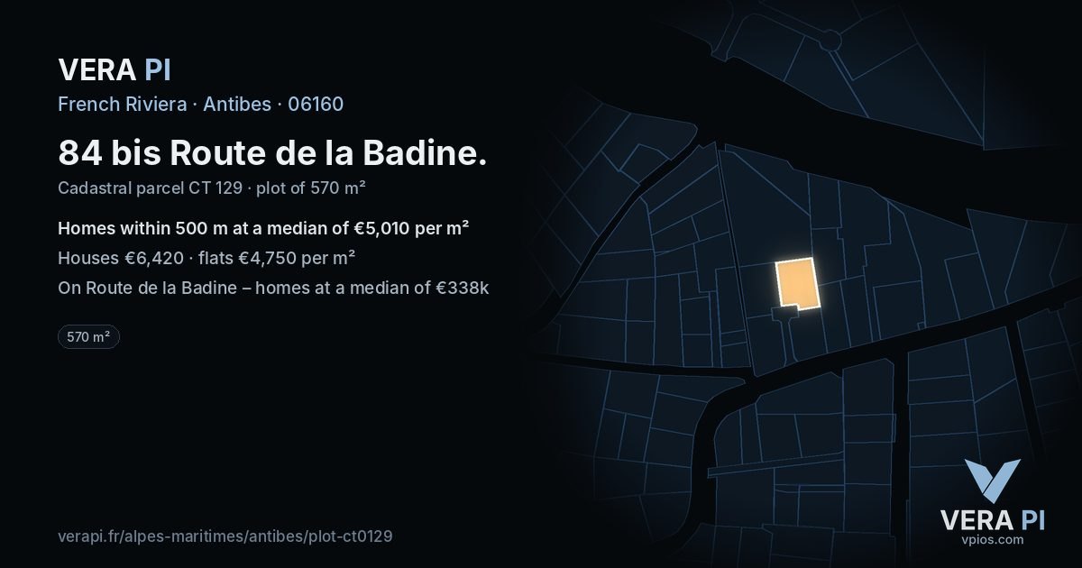 84 bis Route de la Badine, Antibes at night – the plot lit, the parcels around coloured by the prices near them