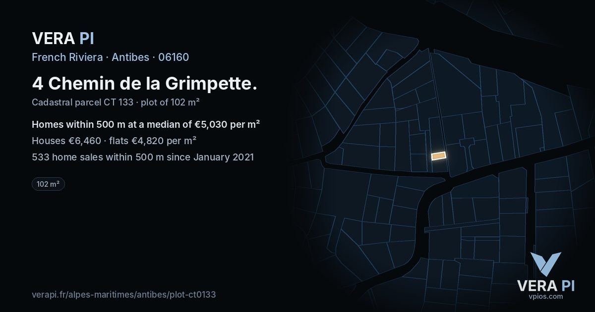4 Chemin de la Grimpette, Antibes at night – the plot lit, the parcels around coloured by the prices near them