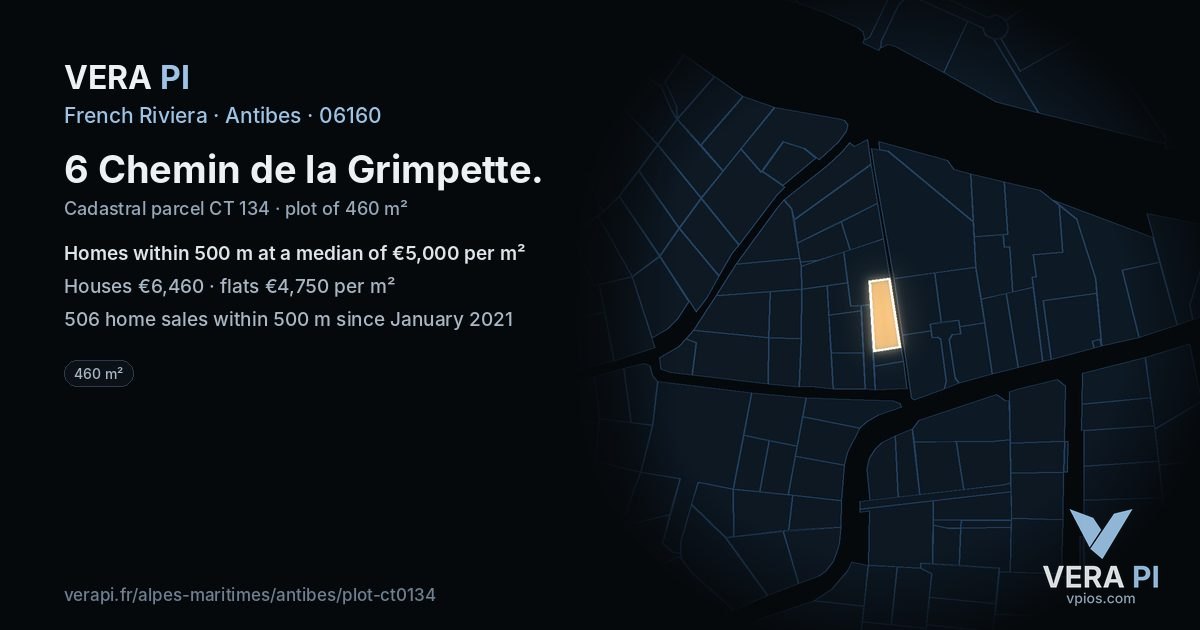 6 Chemin de la Grimpette, Antibes at night – the plot lit, the parcels around coloured by the prices near them