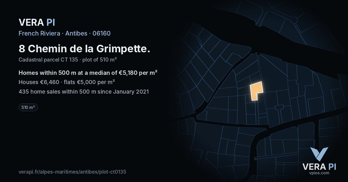 8 Chemin de la Grimpette, Antibes at night – the plot lit, the parcels around coloured by the prices near them